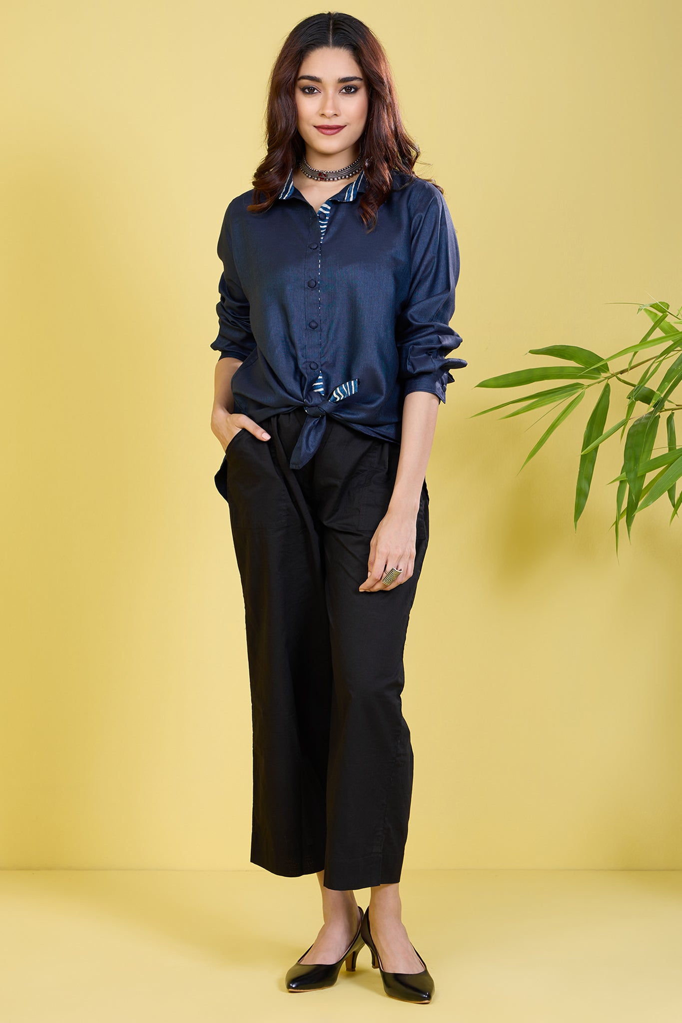 button down blue viscose silk shirt indigo hymns