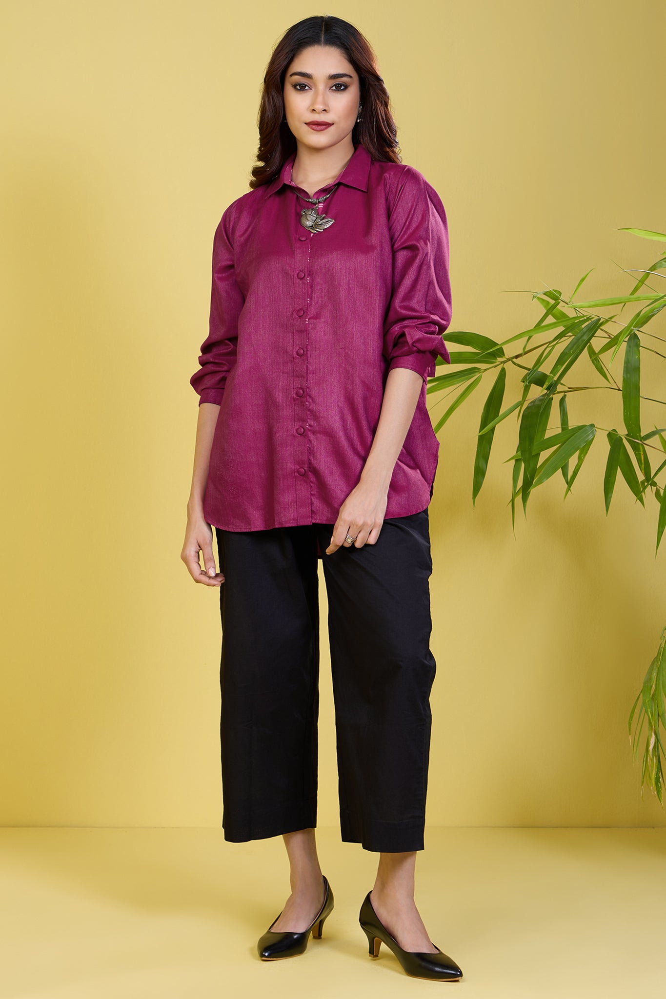 button down magenta viscose silk shirt orchid blush