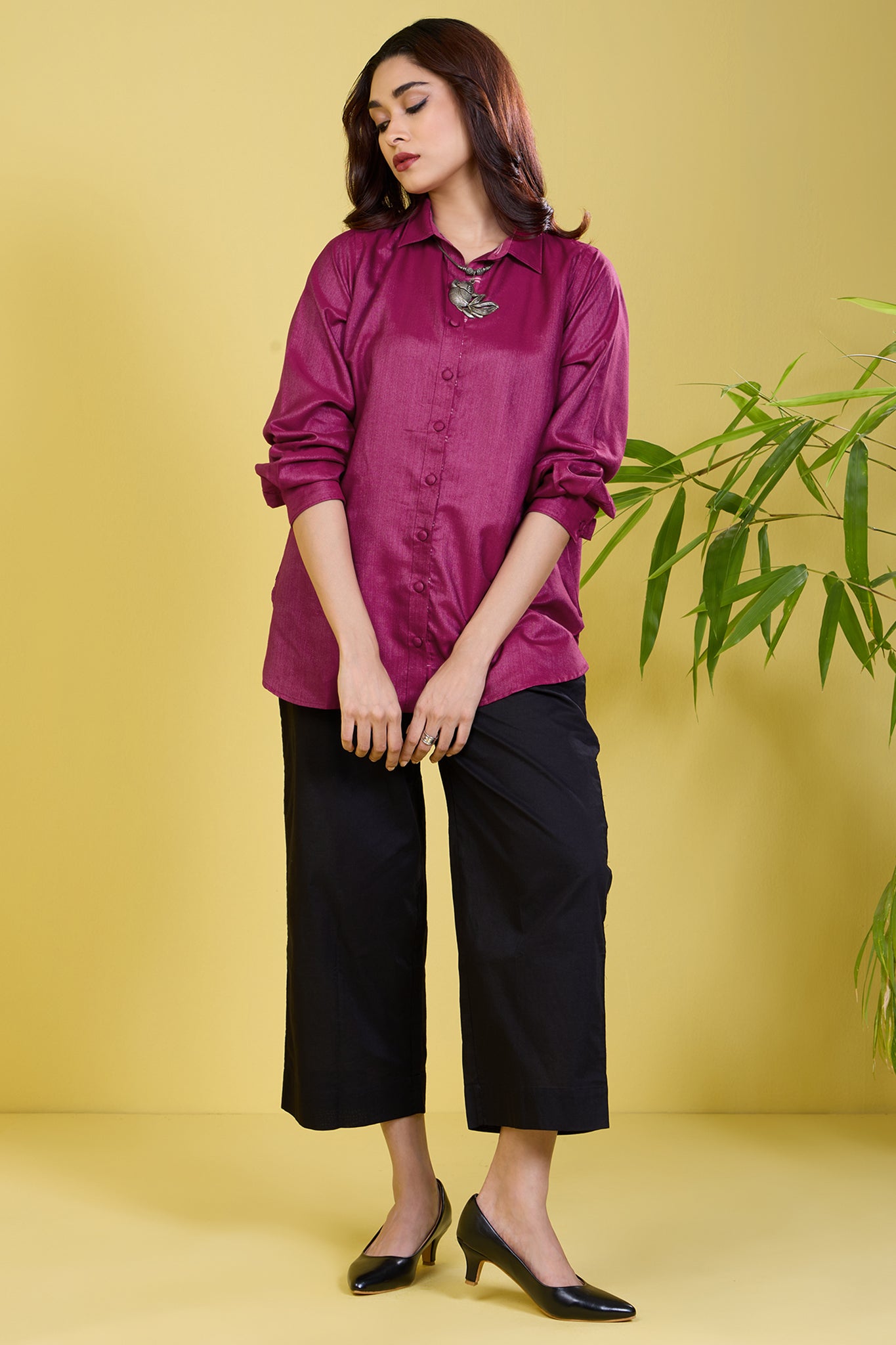 button down magenta viscose silk shirt orchid blush