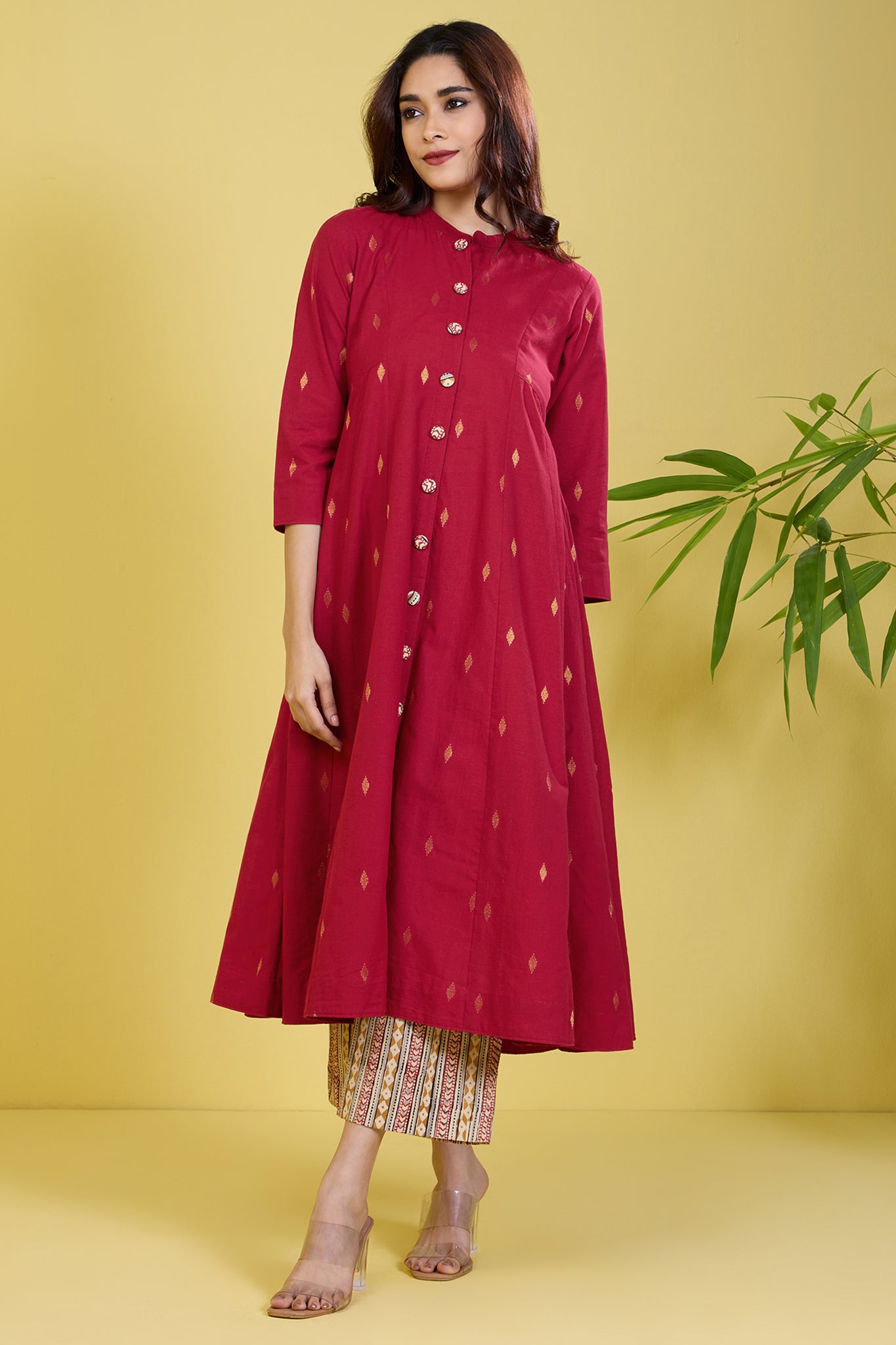 high collar pink button down anarkali guilded rose
