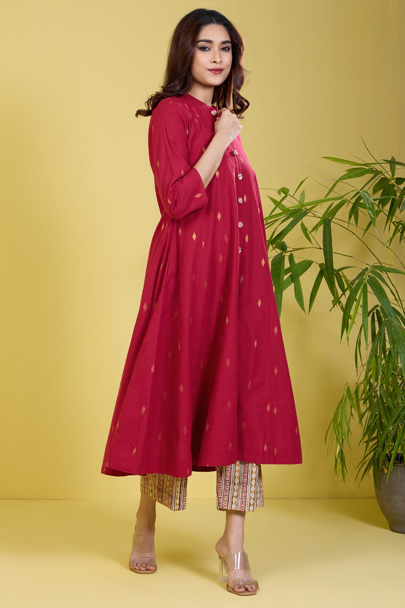 high collar pink button down anarkali guilded rose