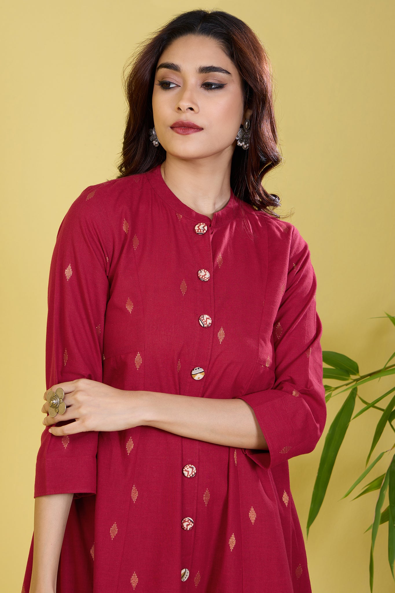 high collar pink button down anarkali guilded rose