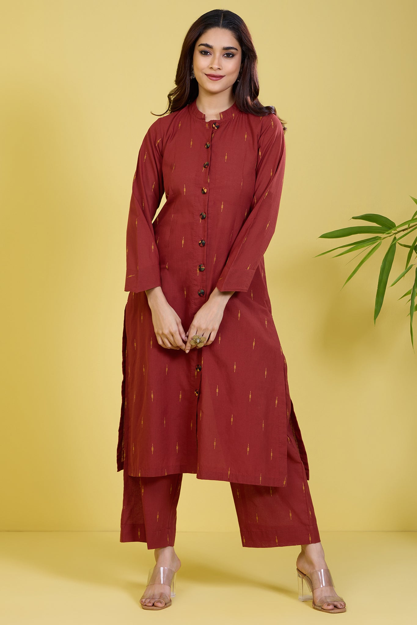 co-ord button down rust round collar kurta set golden rust flecks
