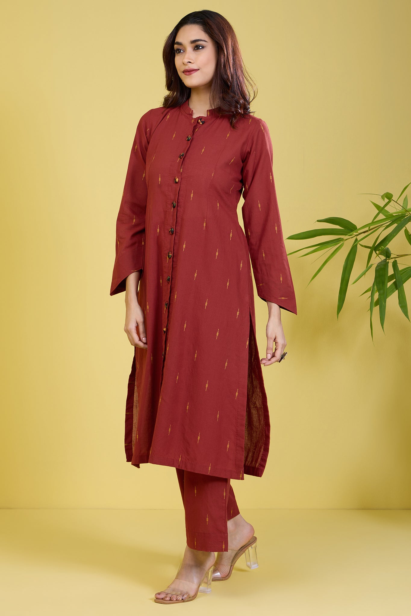 co-ord button down rust round collar kurta set golden rust flecks