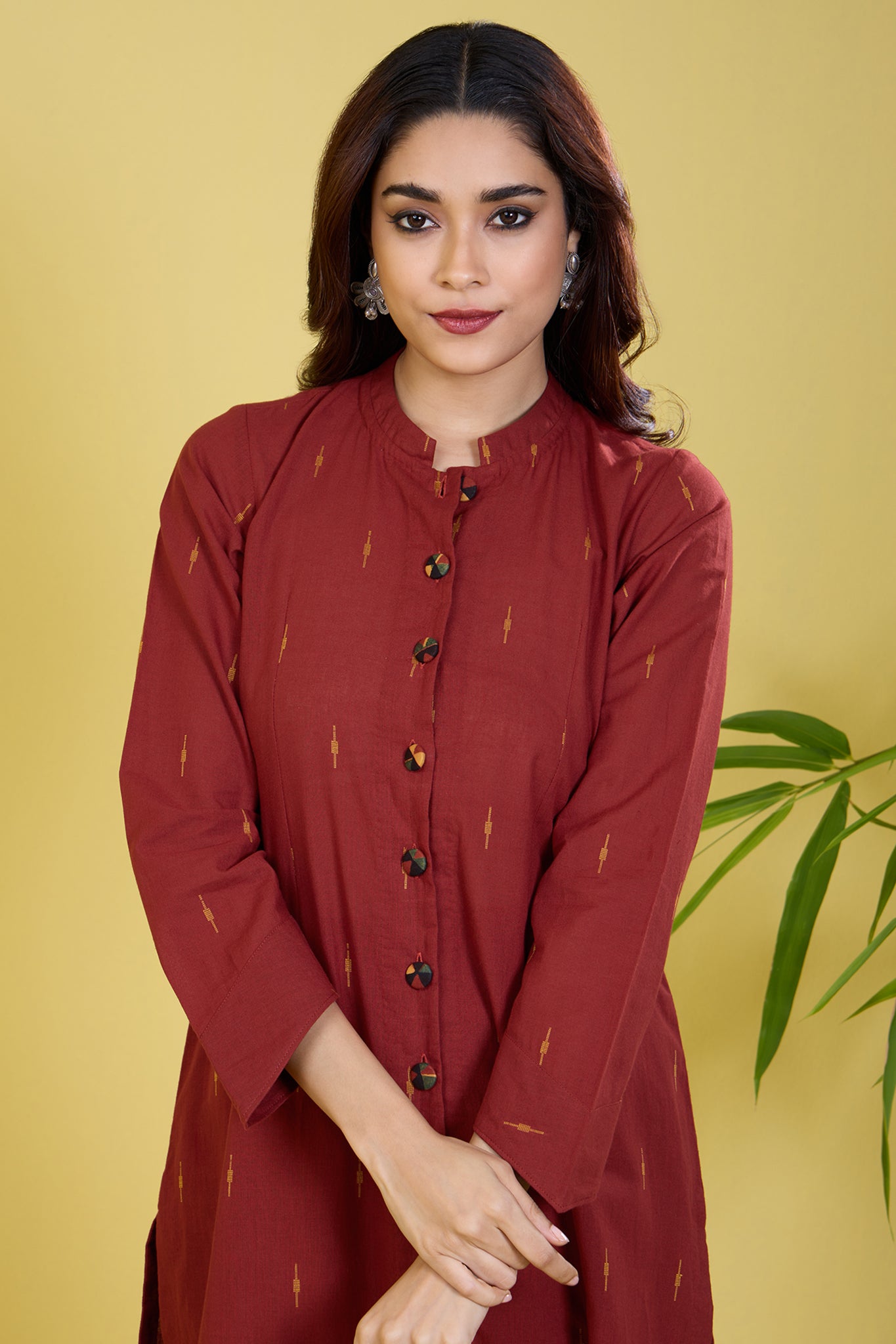 co-ord button down rust round collar kurta set golden rust flecks