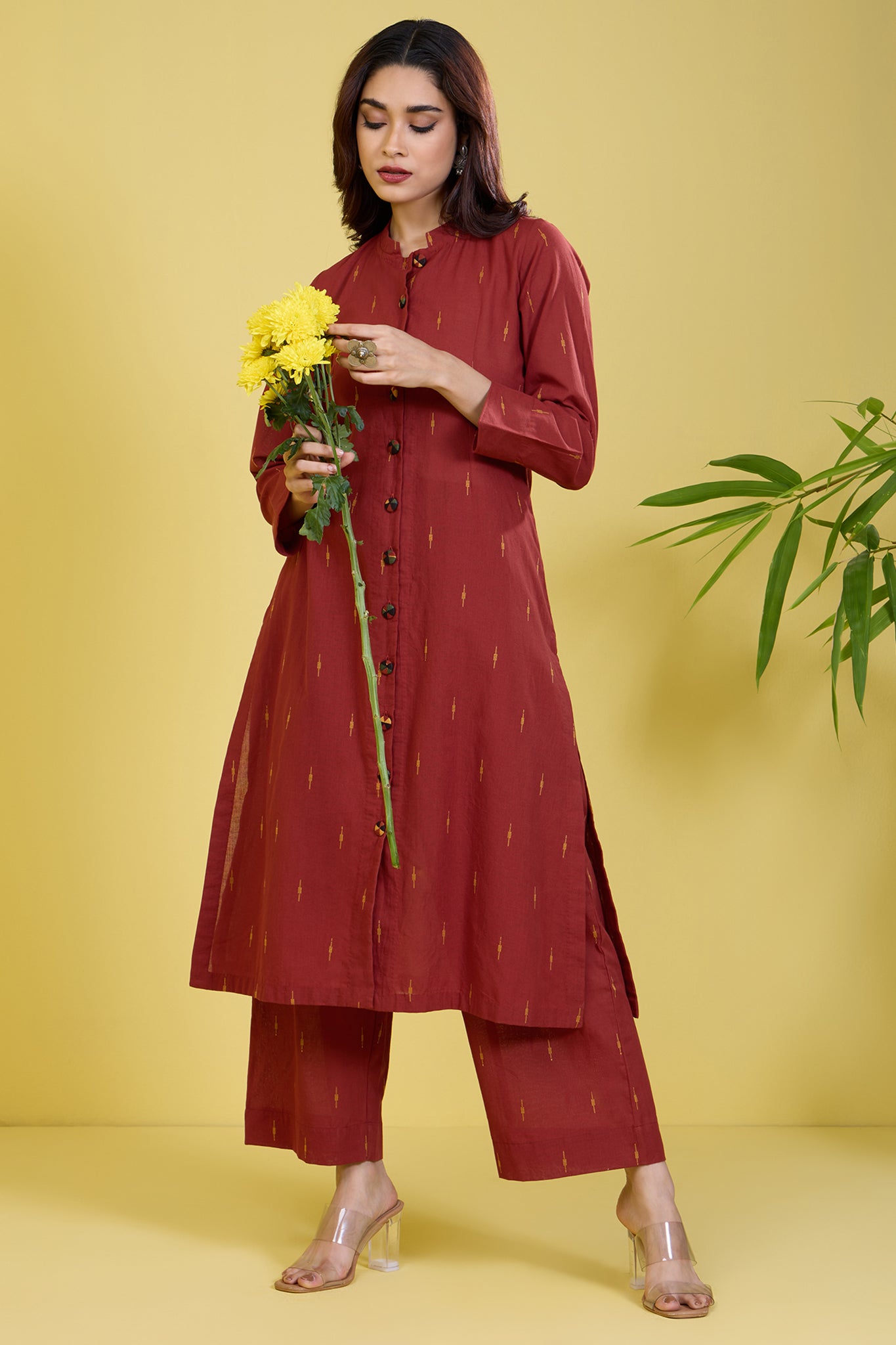 co-ord button down rust round collar kurta set golden rust flecks