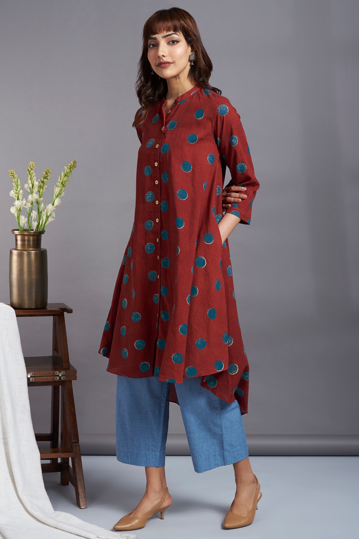 garnet moon - ajrakh asymmetrical hemline button down tunic