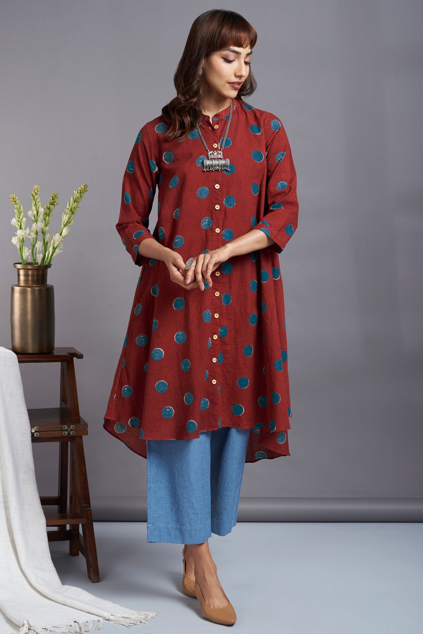 garnet moon - ajrakh asymmetrical hemline button down tunic