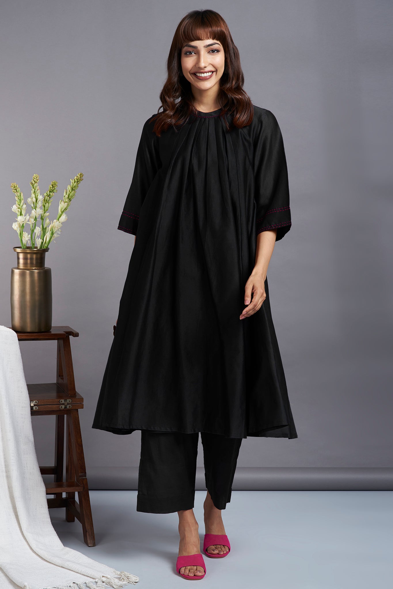 ethereal black - luxe crew neck chanderi gather dress