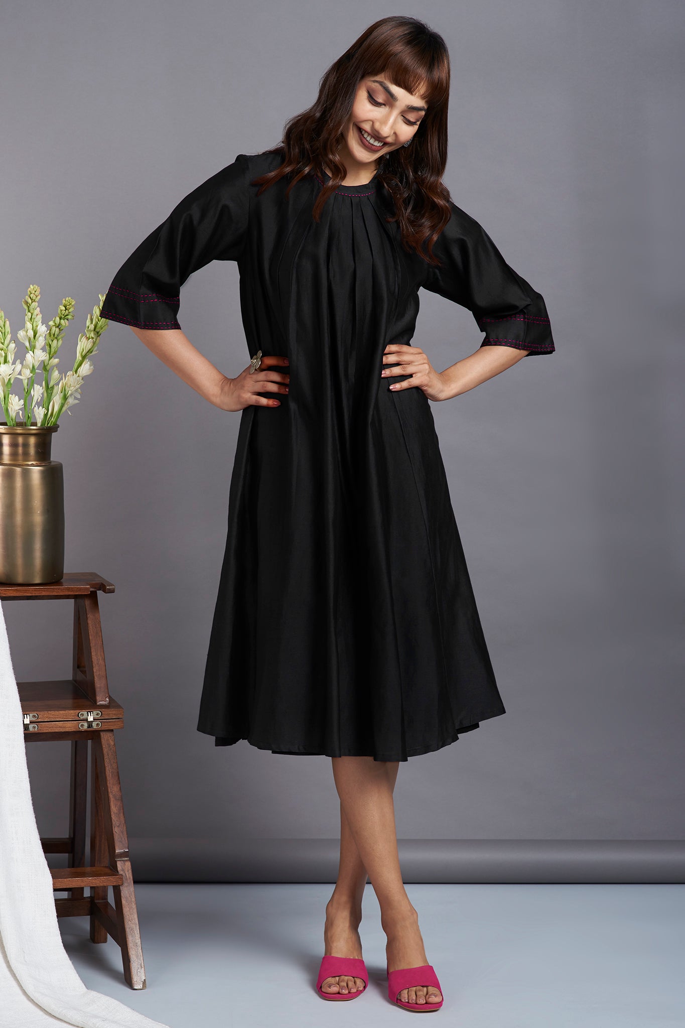 ethereal black - luxe crew neck chanderi gather dress