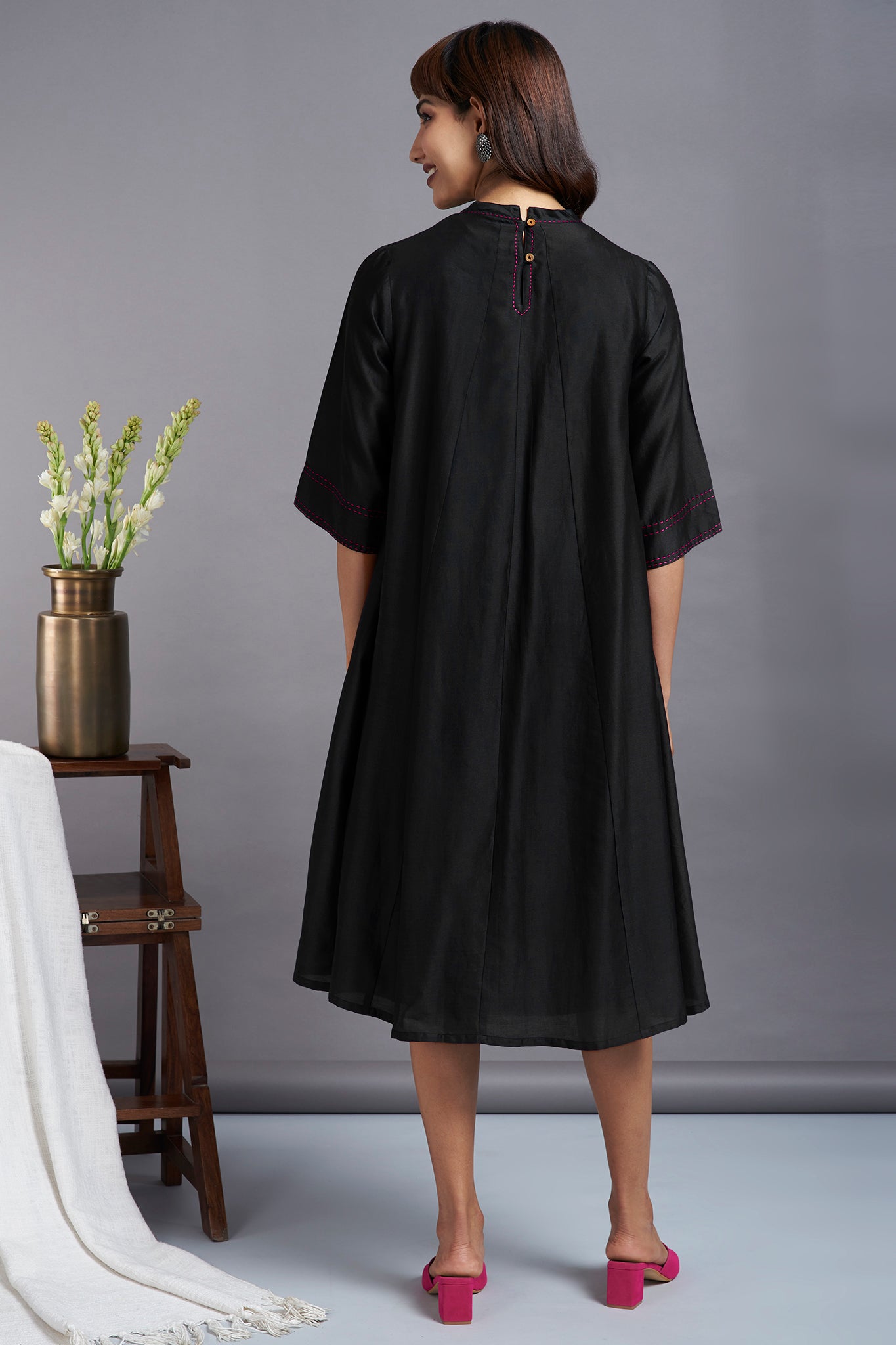 ethereal black - luxe crew neck chanderi gather dress