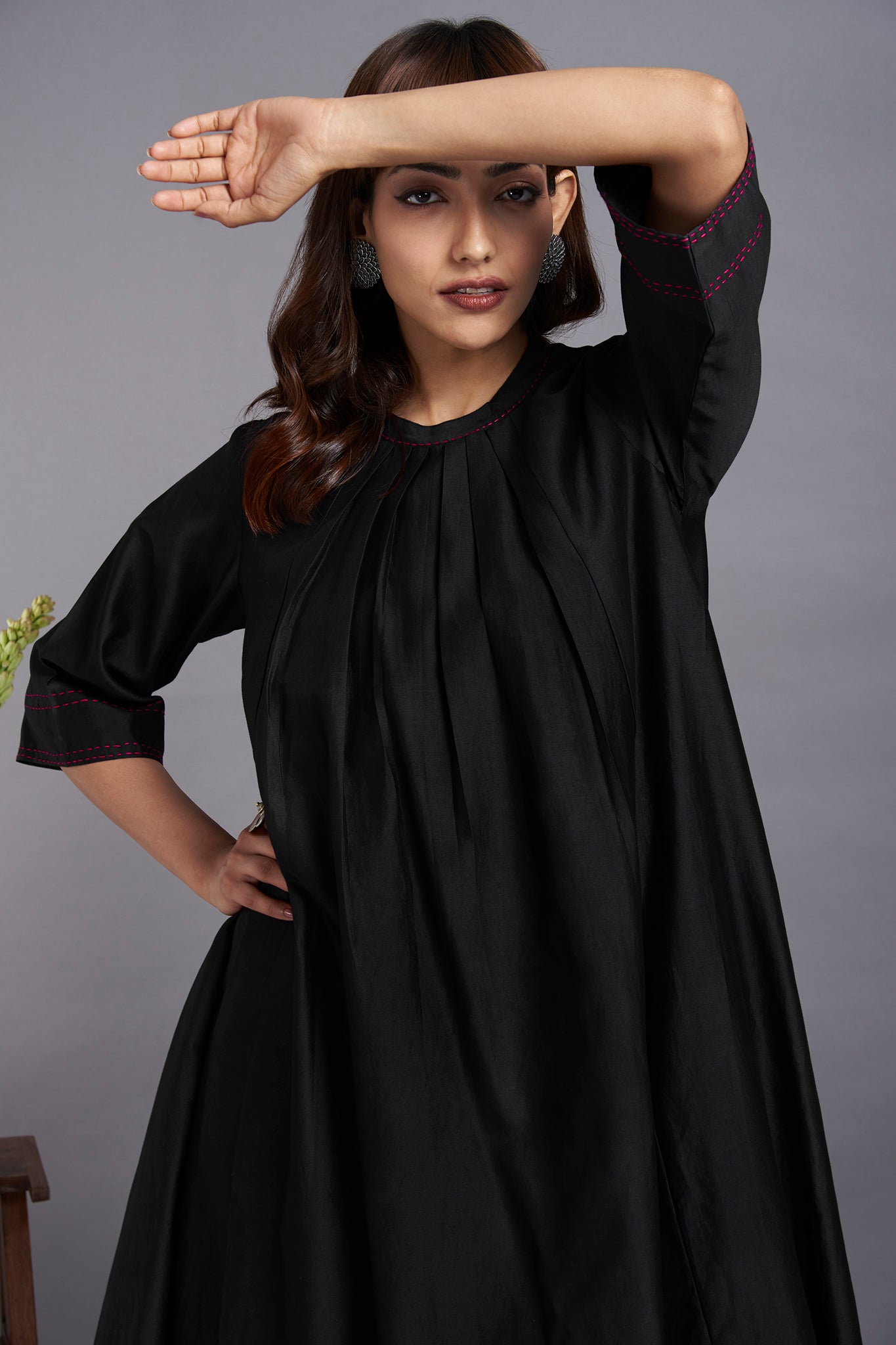 ethereal black - luxe crew neck chanderi gather dress