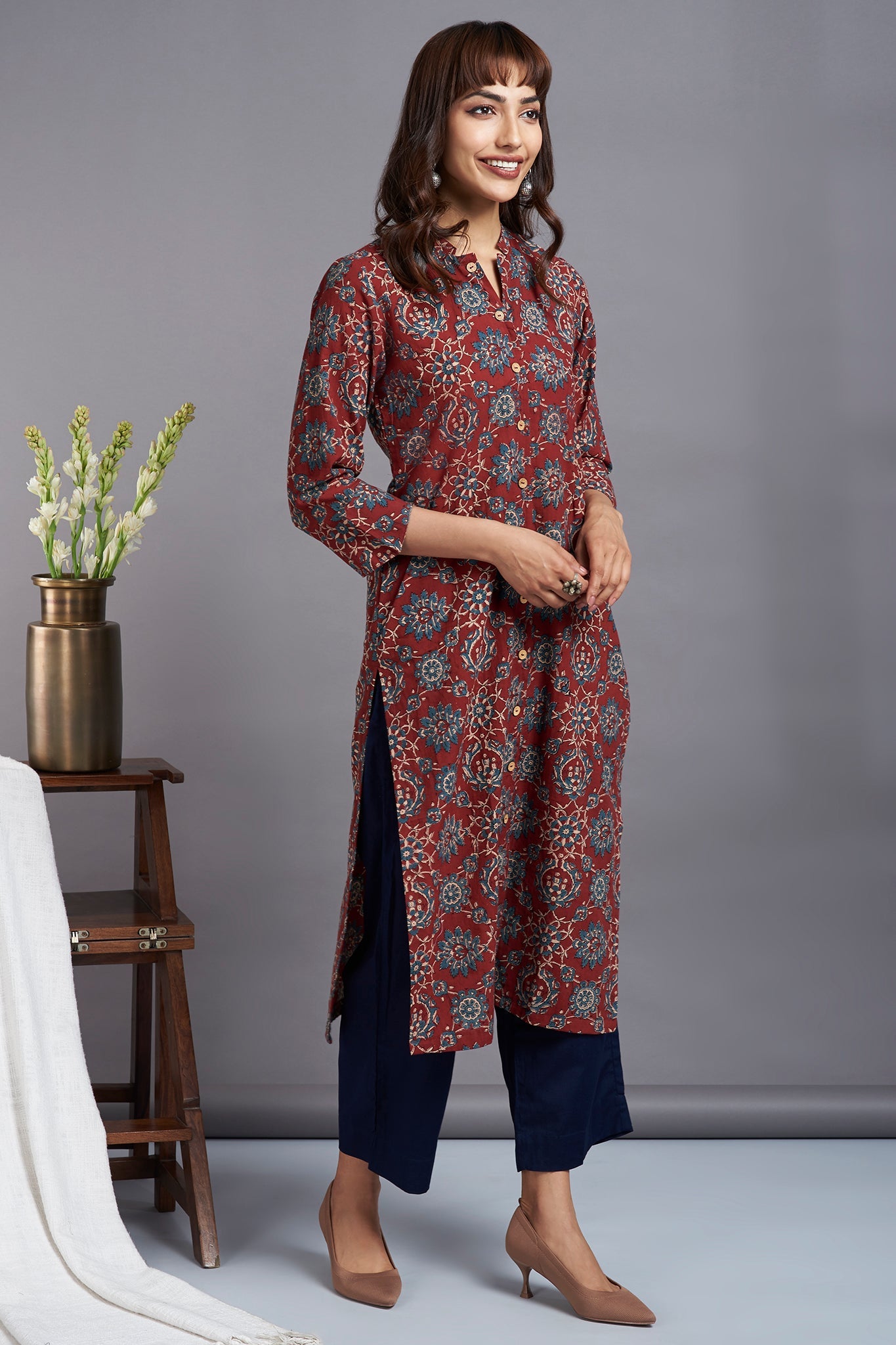 button down round collar kurta - madder magic & mughal motif