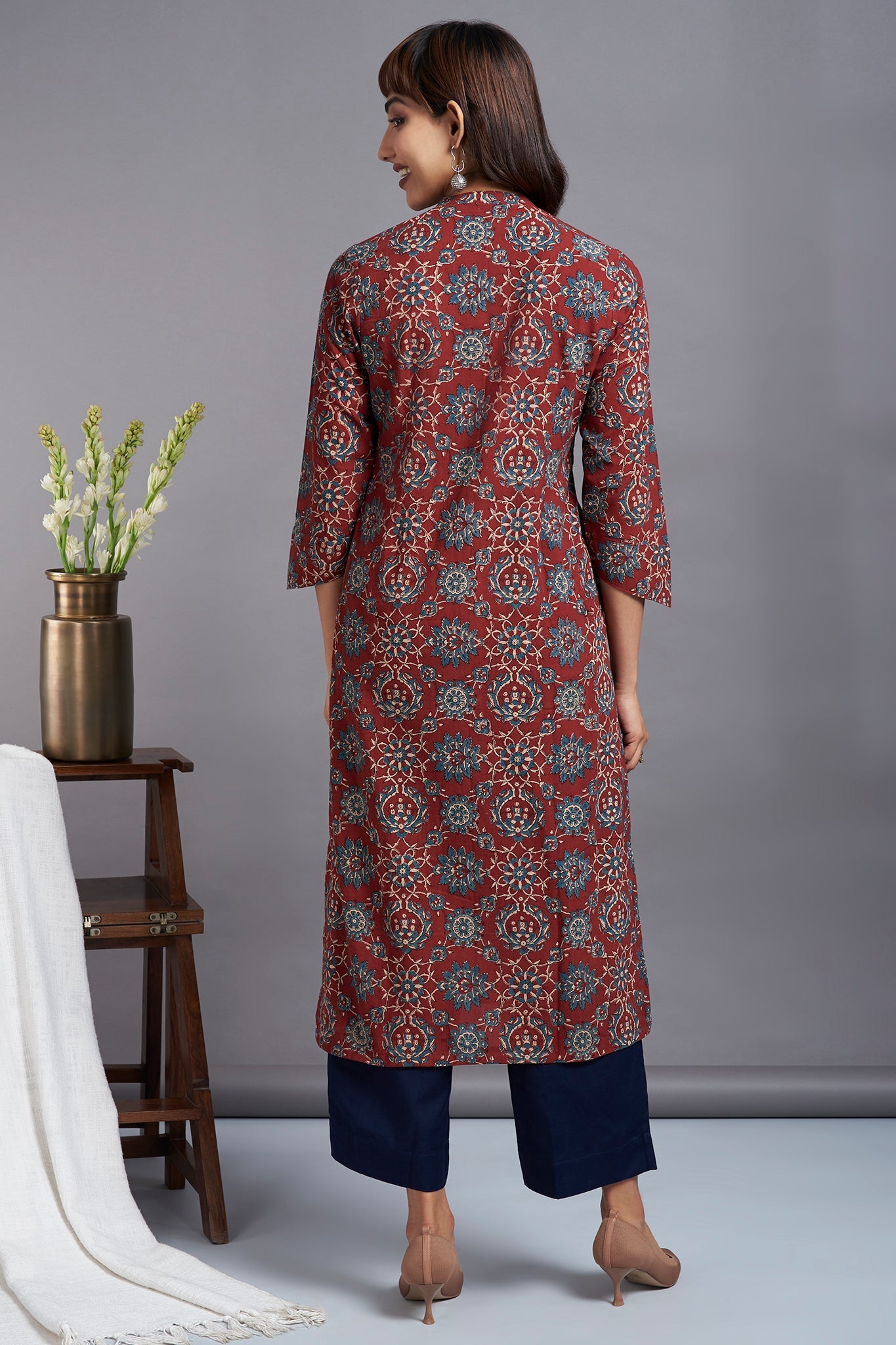 button down round collar kurta - madder magic & mughal motif