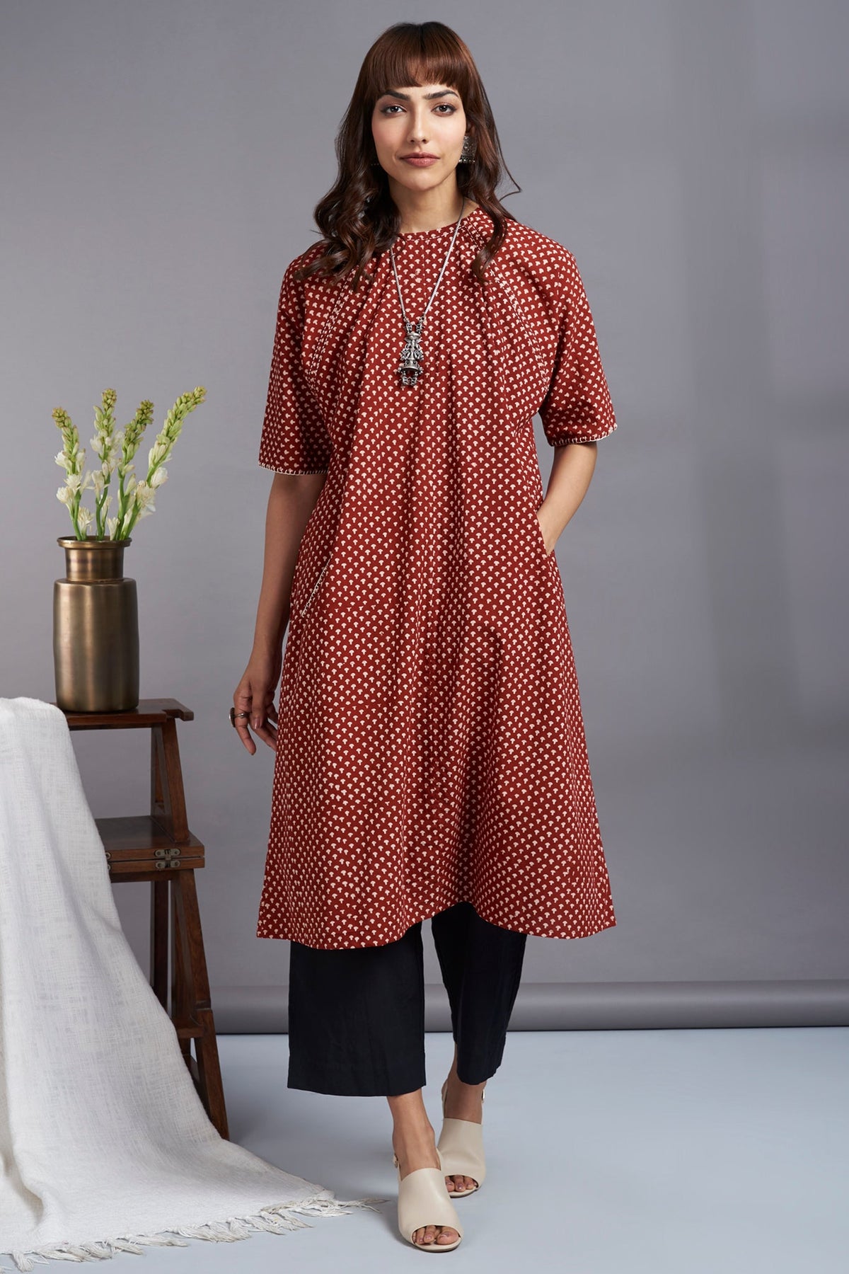 crimson craze - drop shoulder modern tunic with pockets