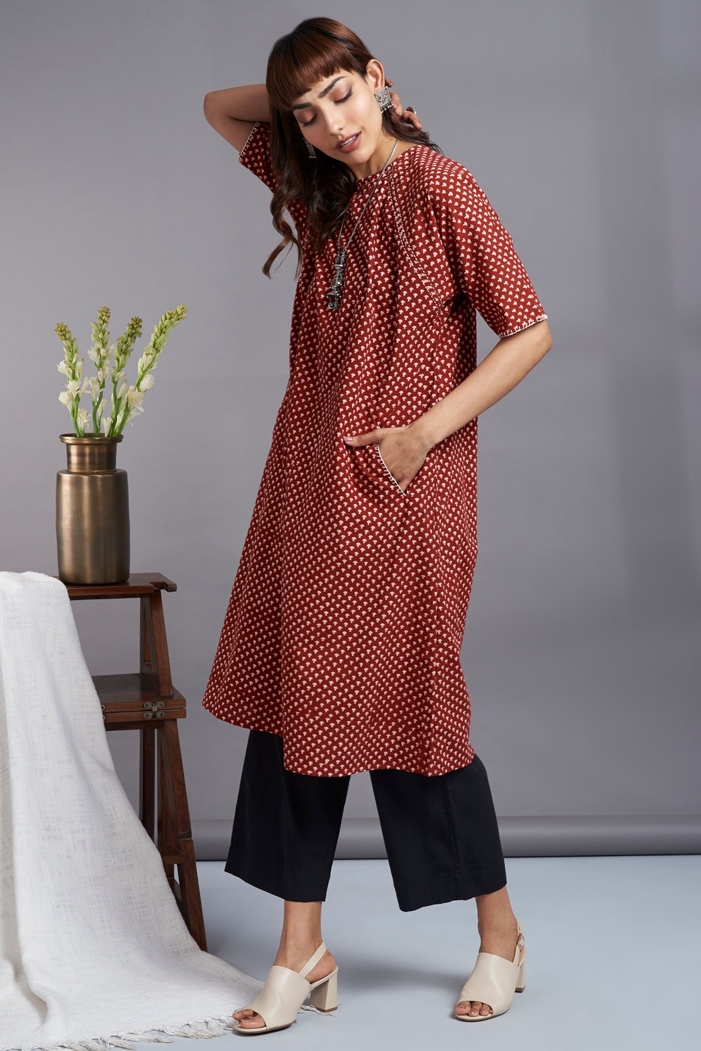 crimson craze - drop shoulder modern tunic with pockets