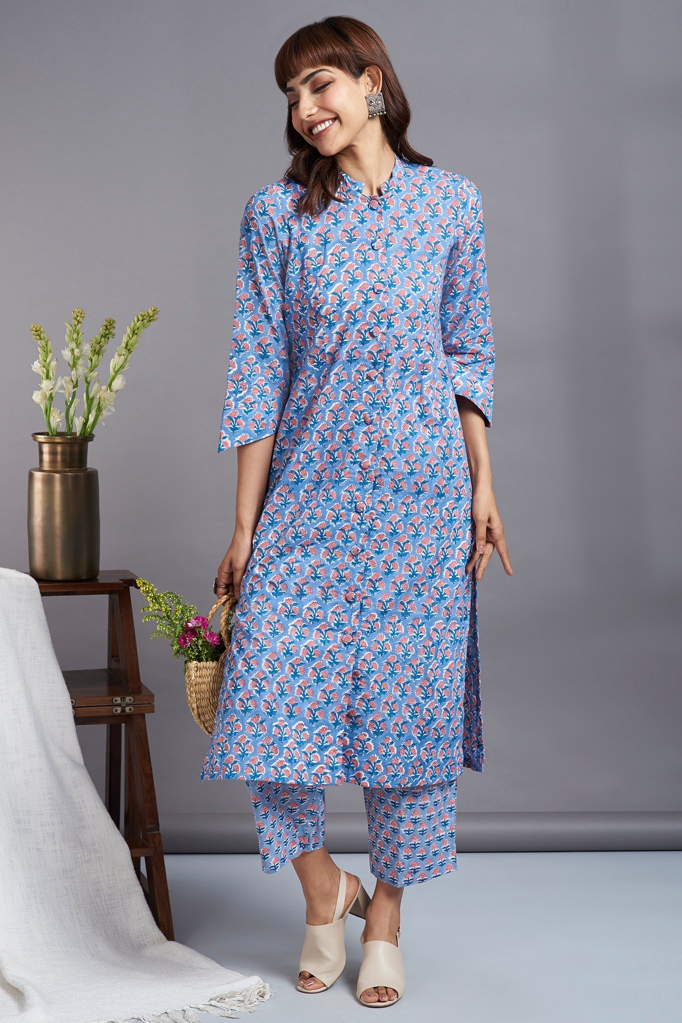 button down round collar kurta - kashish skies & eloquent roses