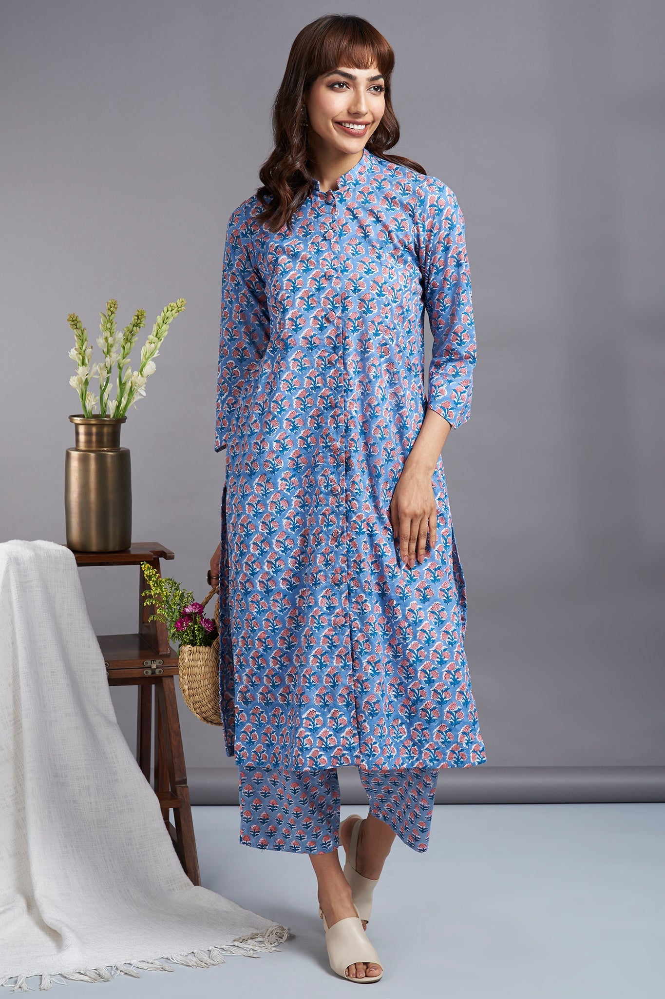button down round collar kurta - kashish skies & eloquent roses
