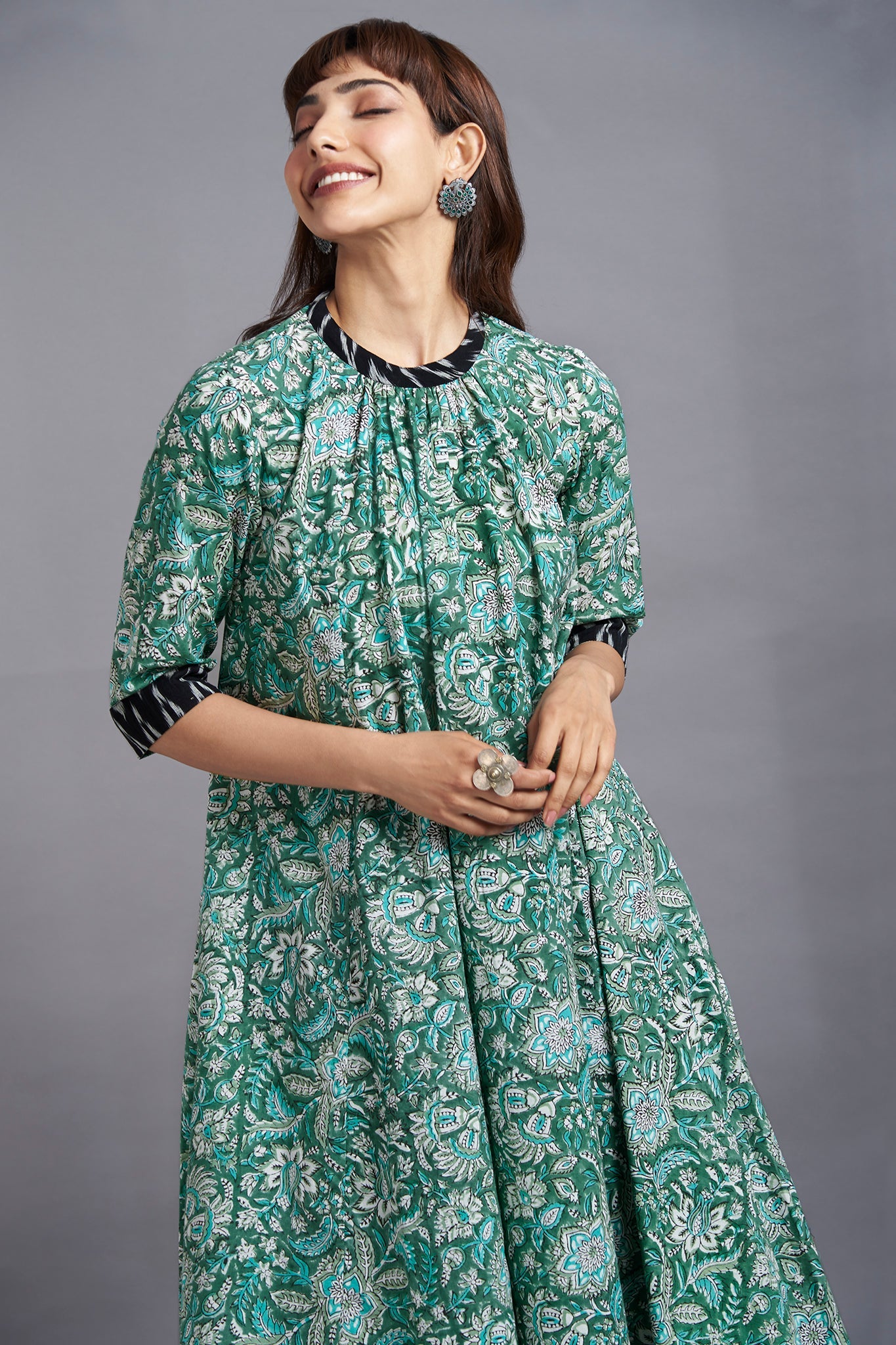 botanical twist - crew neck a-line gather dress