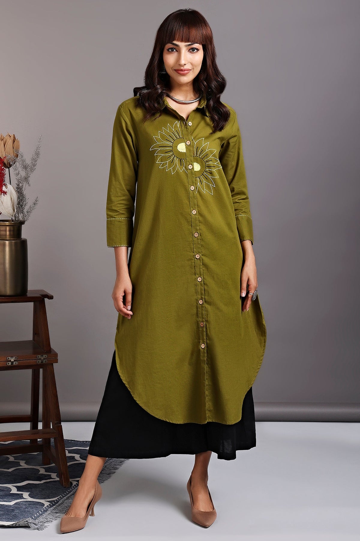 long shirt dress - midsummer sunflower & seaweed green