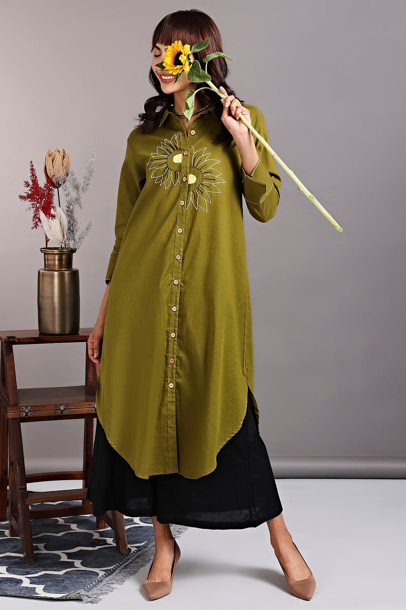 long shirt dress - midsummer sunflower & seaweed green