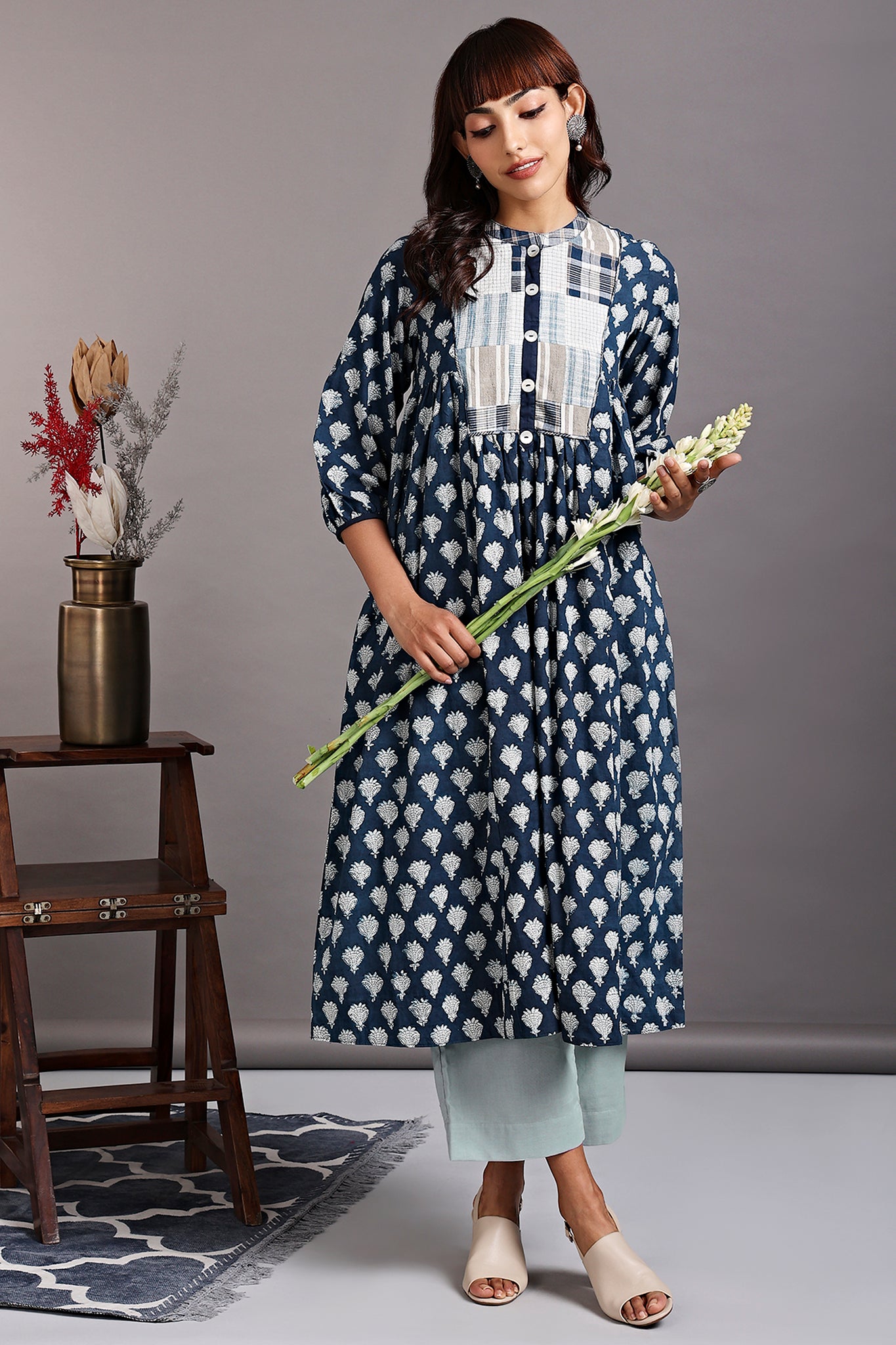 gather dress with yoke - indigo halo & tuberose garden