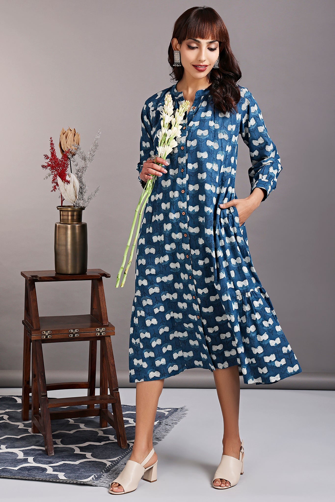 midi dress with side ruffles - florentine blue & white chrysanthemum
