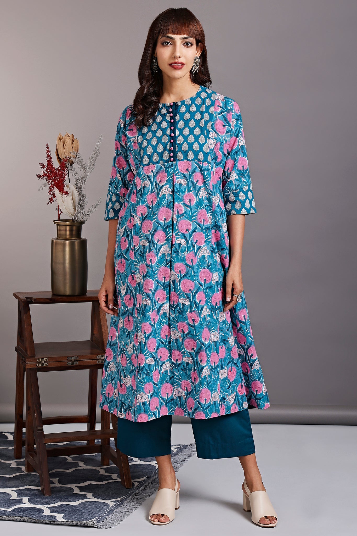 a-line kalidar kurta - lakeshore blue & lenten roses