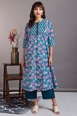 a-line kalidar kurta - lakeshore blue & lenten roses