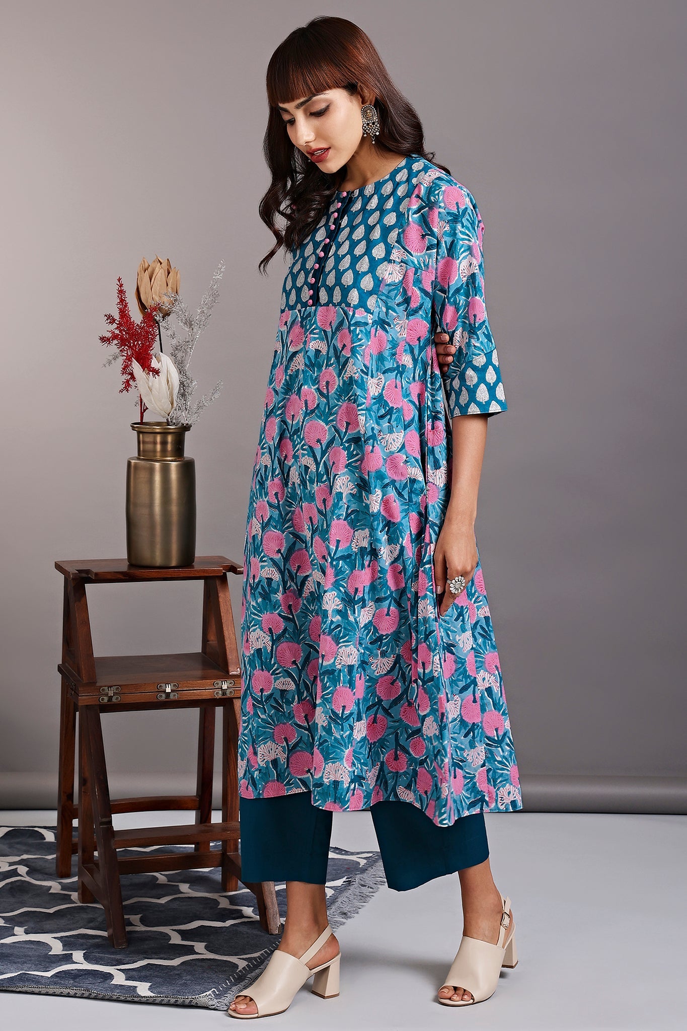 a-line kalidar kurta - lakeshore blue & lenten roses