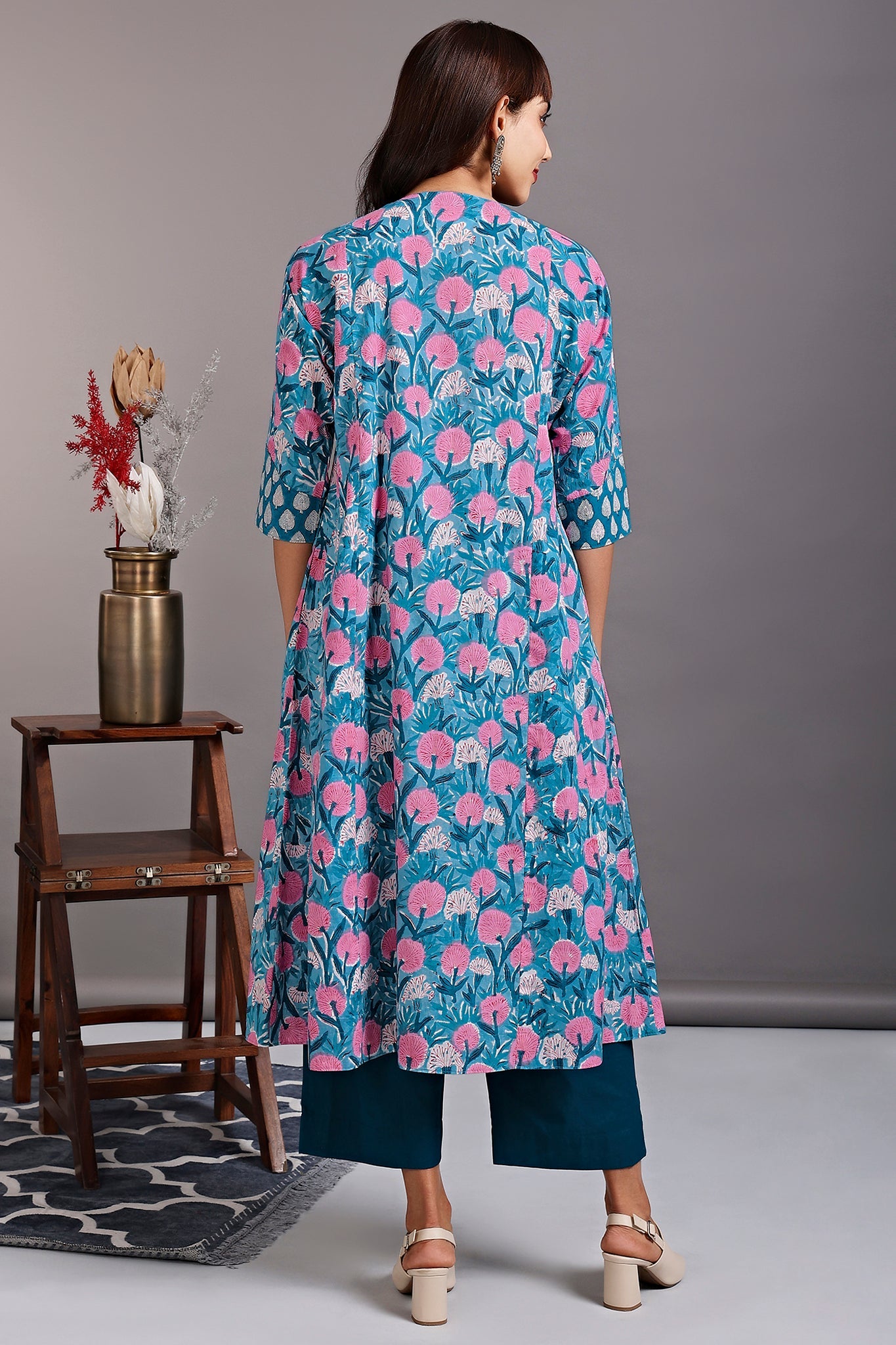 a-line kalidar kurta - lakeshore blue & lenten roses