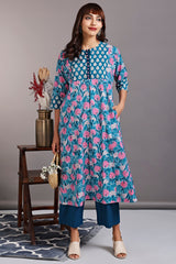 a-line kalidar kurta - lakeshore blue & lenten roses
