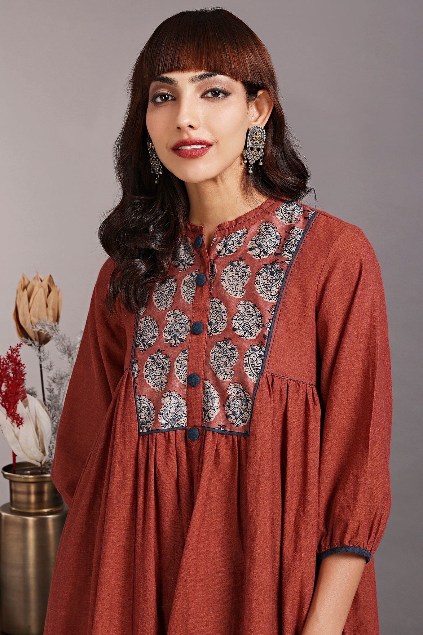 gather dress with yoke - bronze wreath & oriental poppy