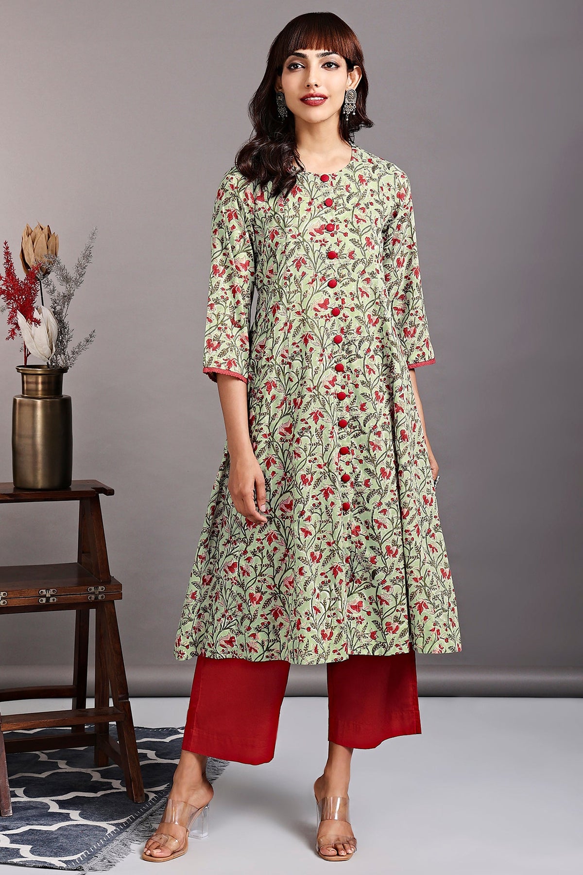a-line button down kurta - refreshing mint & painter's palette