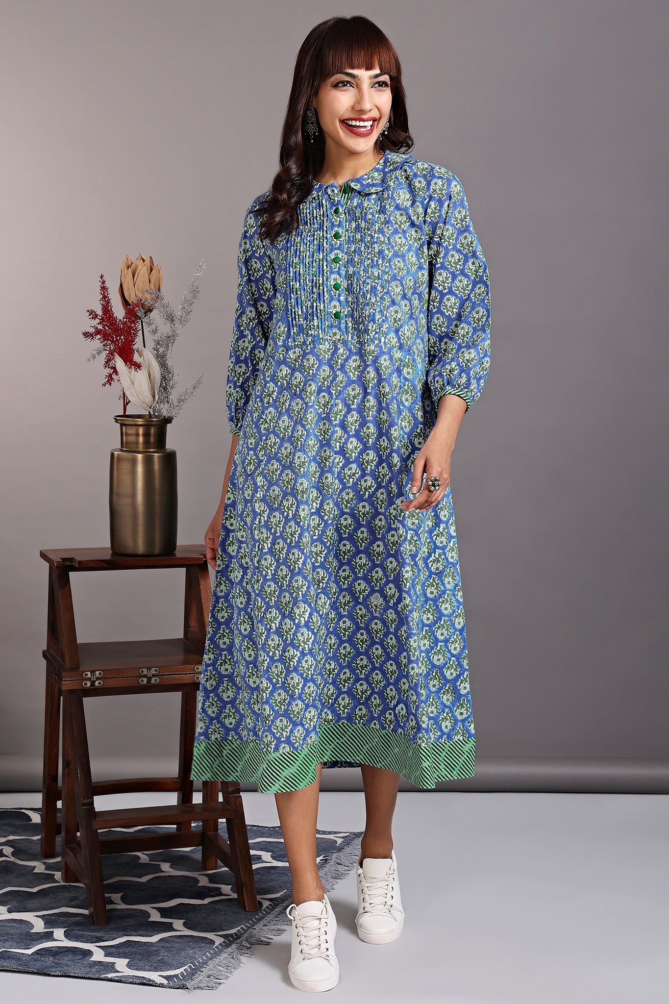 drop waist peter pan collar dress - lapis blue & floristan white