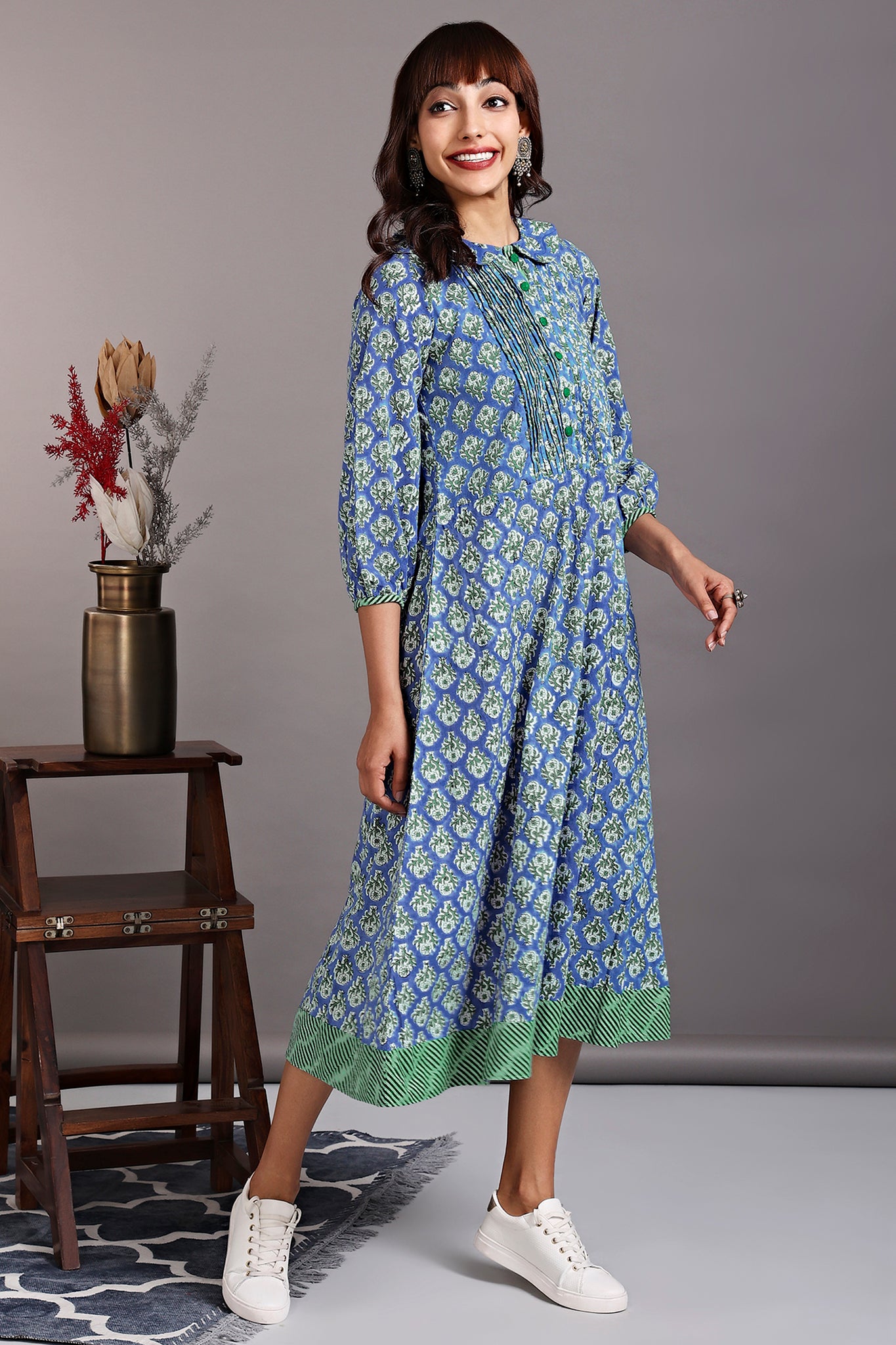 drop waist peter pan collar dress - lapis blue & floristan white