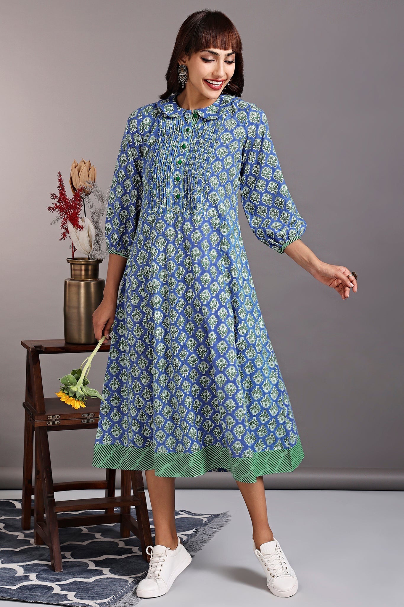 drop waist peter pan collar dress - lapis blue & floristan white