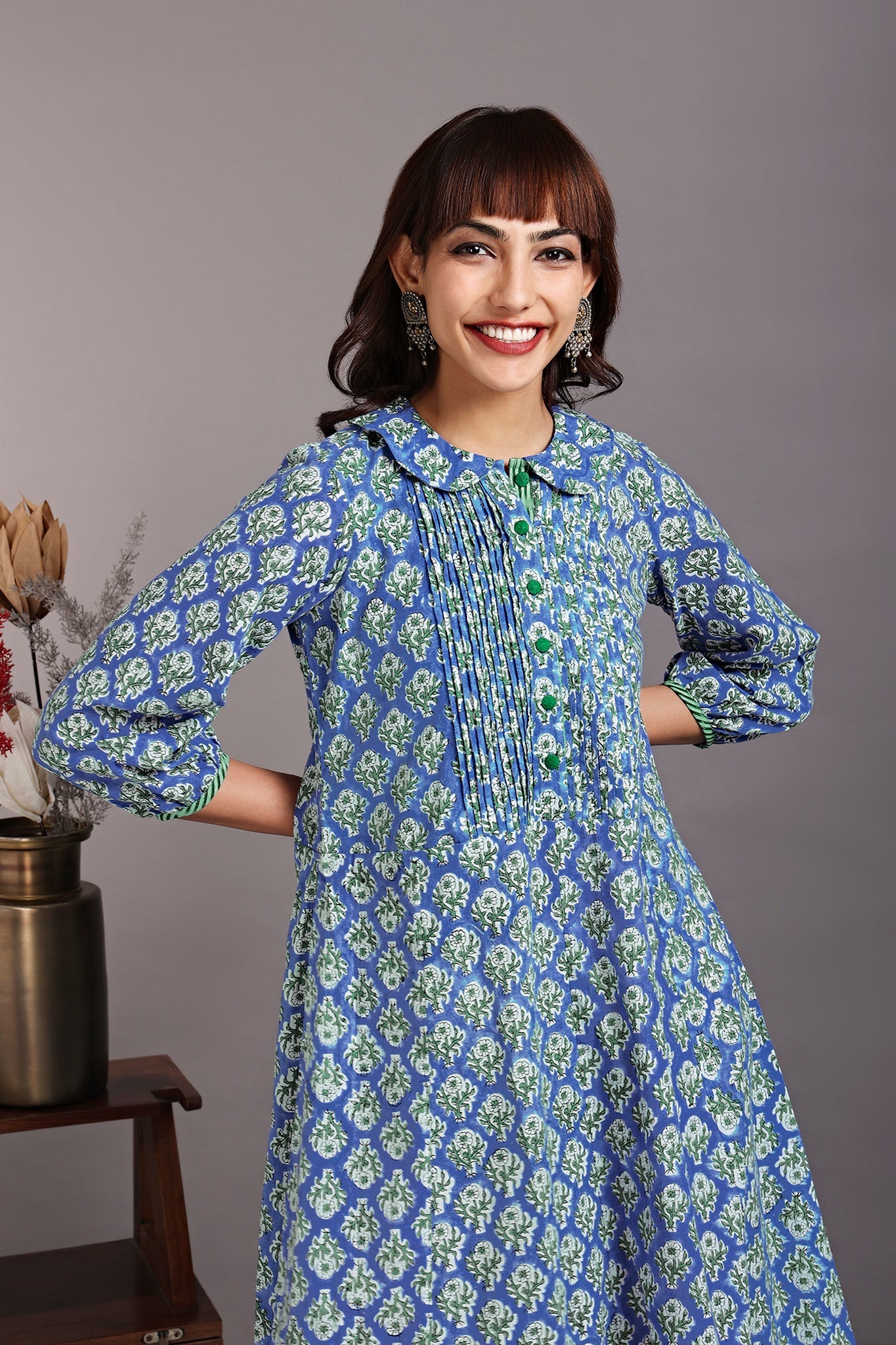 drop waist peter pan collar dress - lapis blue & floristan white