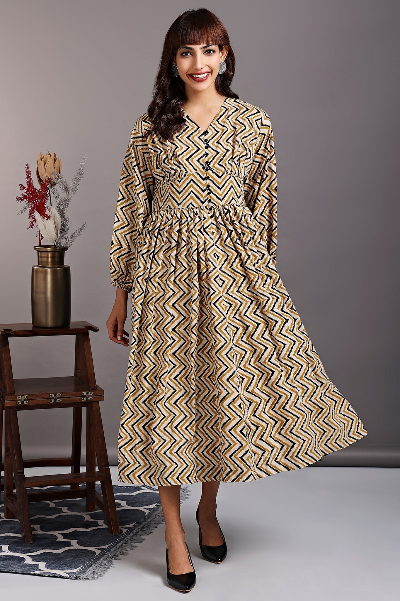 deep neck bust gather dress - tuscan yellow & black chevron