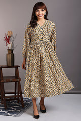 deep neck bust gather dress - tuscan yellow & black chevron