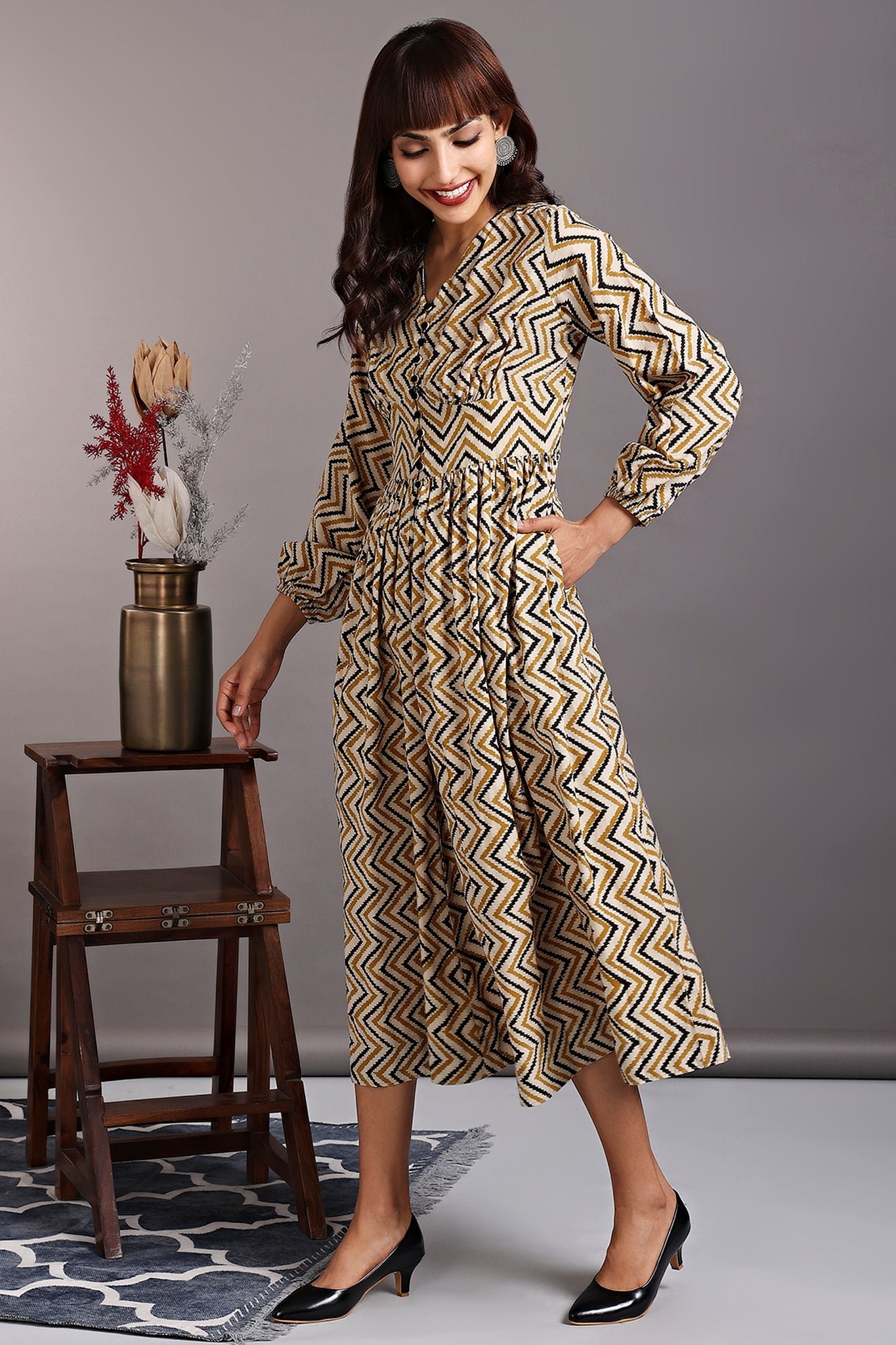 deep neck bust gather dress - tuscan yellow & black chevron