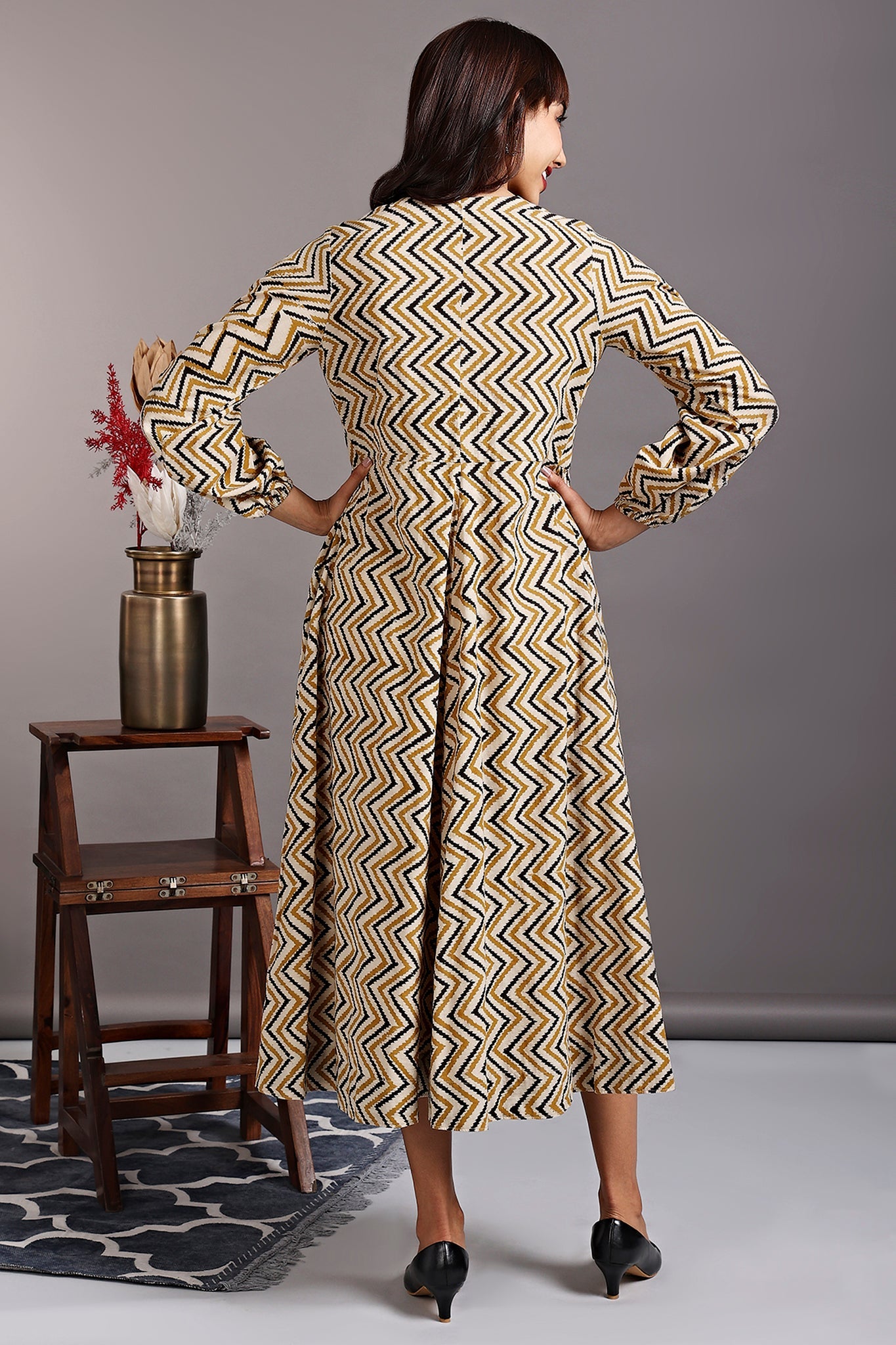 deep neck bust gather dress - tuscan yellow & black chevron