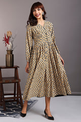 deep neck bust gather dress - tuscan yellow & black chevron