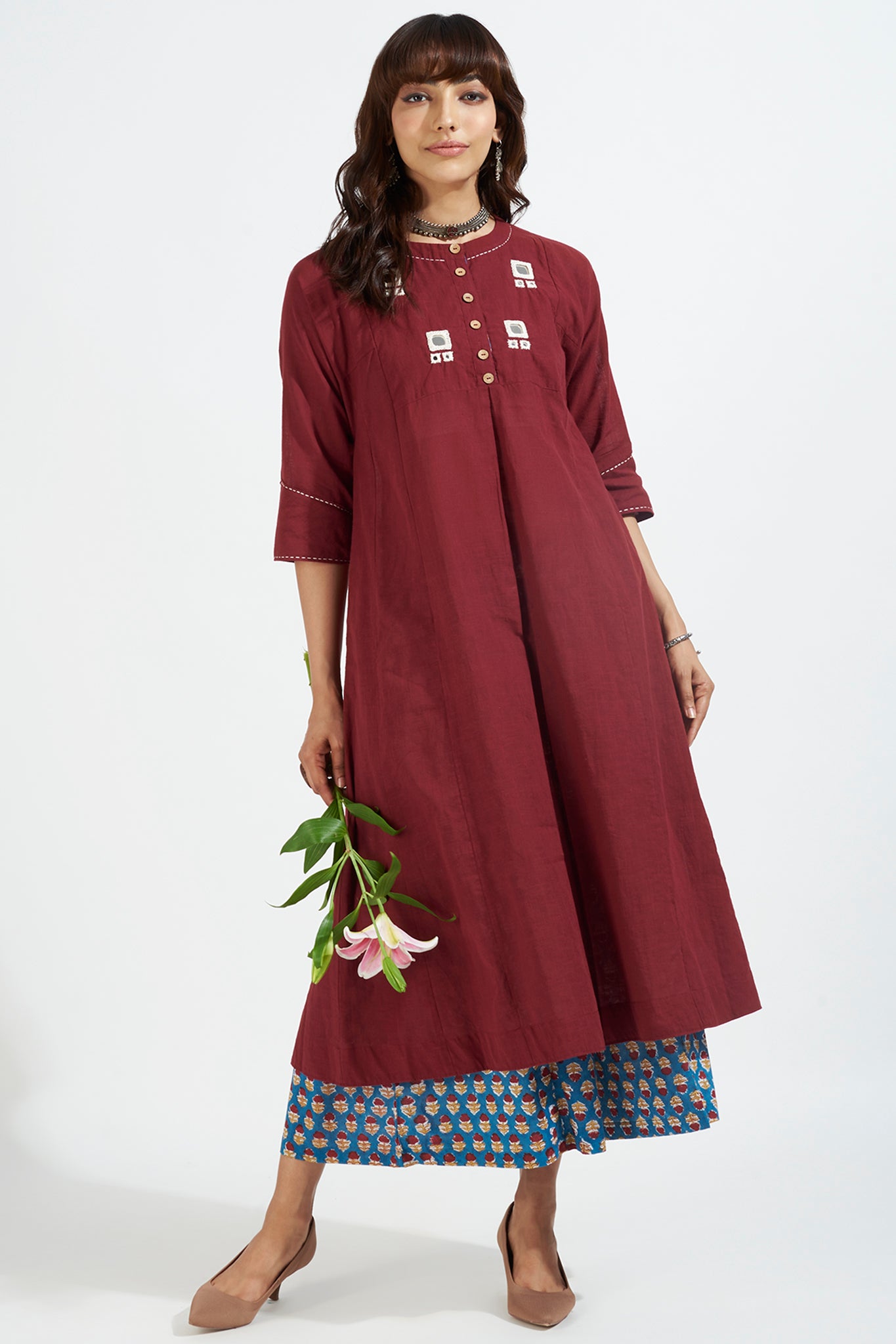kalidar kurta - merlot maroon & ivory reflections