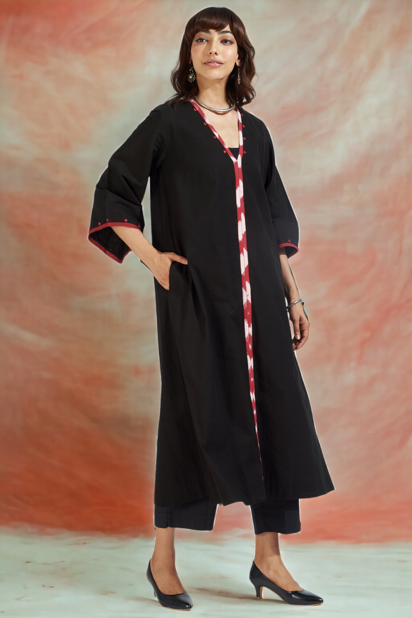 deep v-neck bell sleeves resort dress - ebony hues & fiery reflections