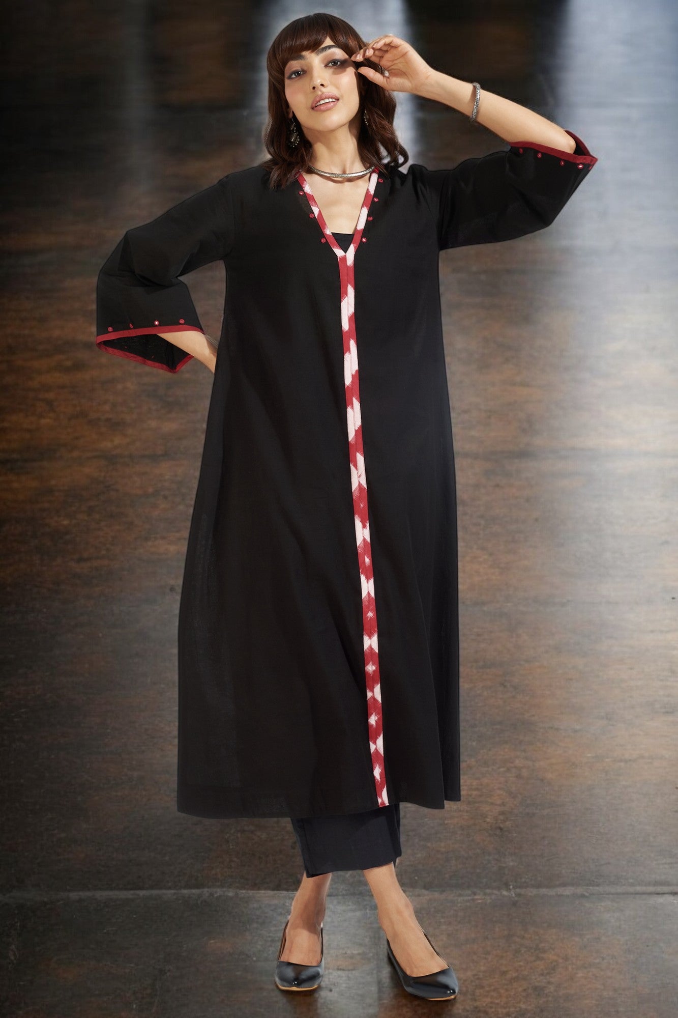 deep v-neck bell sleeves resort dress - ebony hues & fiery reflections