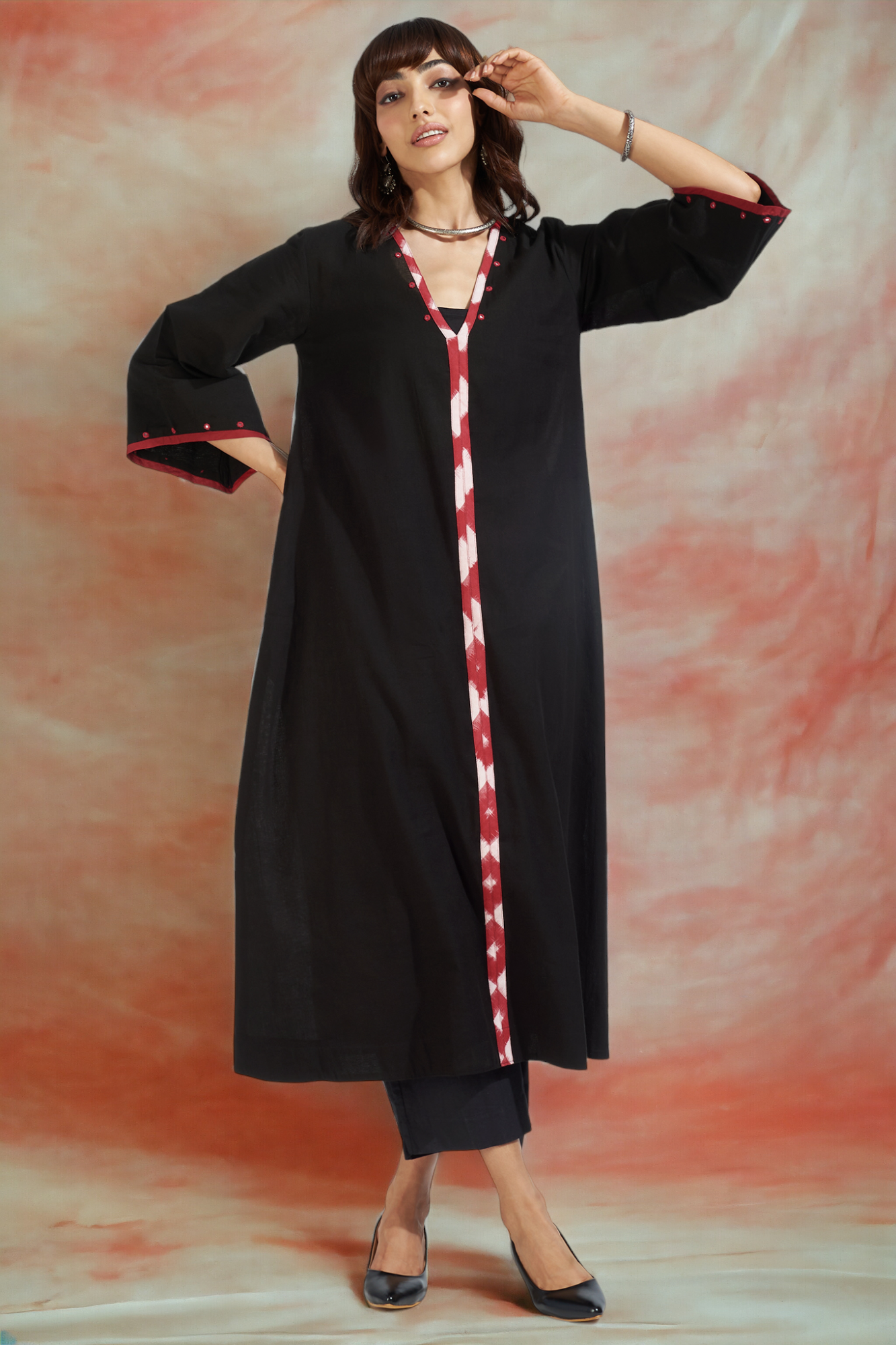 deep v-neck bell sleeves resort dress - ebony hues & fiery reflections