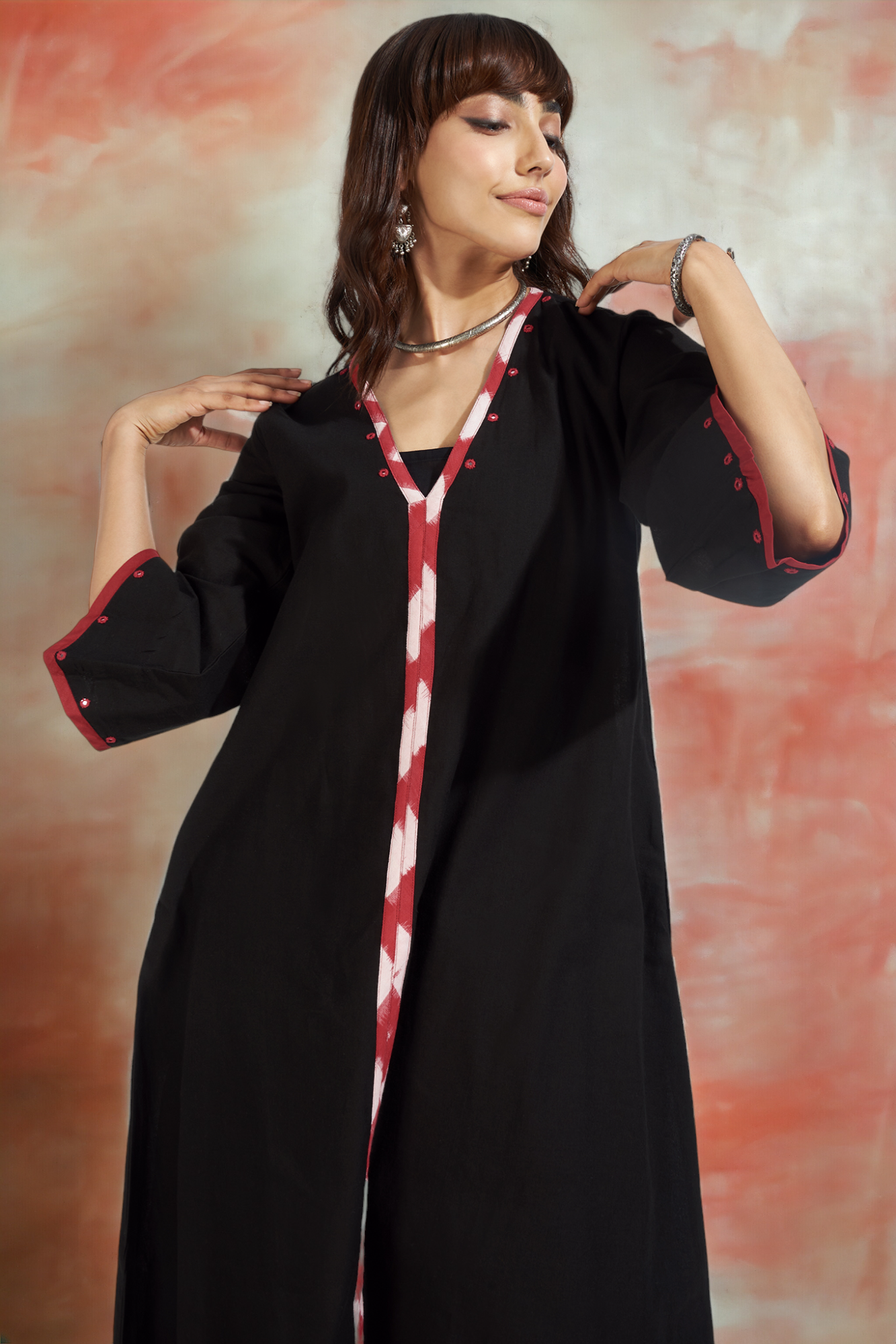 deep v-neck bell sleeves resort dress - ebony hues & fiery reflections