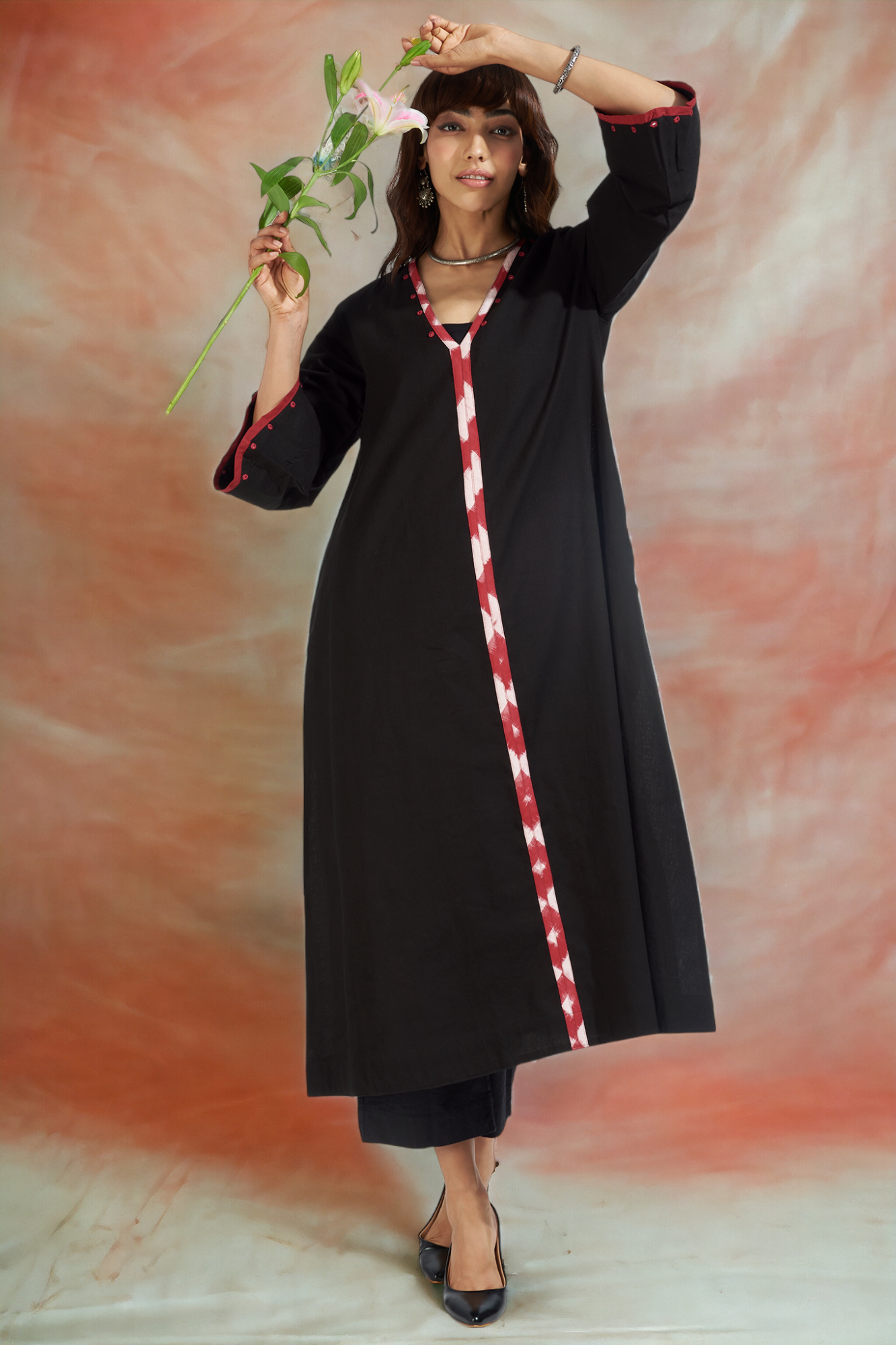 deep v-neck bell sleeves resort dress - ebony hues & fiery reflections