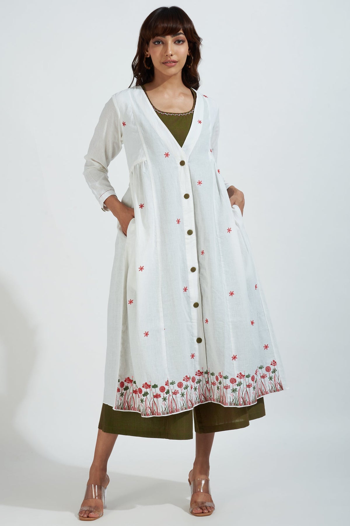 deep v-neck button down jacket with gathers - ivory elegance & crimson bouquet